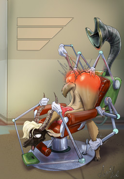 anthro barber_chair bdsm big_butt bondage bound butt butt_slap depilation female hand_on_butt humiliation humiliation_fetish machine red_butt slap solo spank_marks_on_ass spanked_butt spanking arita_tian antelope bovid mammal absurd_res hi_res huge_filesize