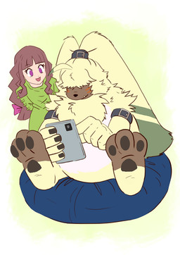 ahoge anthro belt brown_hair cushion dipstick_ears duo ear_markings female fur green_ear_tips hair hair_over_eyes long_ears male multicolored_ears pawpads ponytail_ears reading sitting tablet tablet_computer yellow_body yellow_fur rina_tigressa bandai_namco digimon digimon_ghost_game angoramon_(ghost_game) ruri_tsukiyono angoramon digimon_(species) human mammal