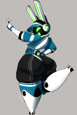 anthro big_butt black_body blue_clothing blue_hat blue_headwear blue_leotard blue_tail butt clothing electronics female footwear gesture green_eyes green_inner_ear green_mouth grey_background hand_gesture hand_on_hip hand_on_own_hip hat headgear headphones headset headwear leotard looking_at_viewer looking_back looking_back_at_viewer machine no_pupils open_mouth open_smile rear_view scut_tail shoes short_tail simple_background smile smiling_at_viewer solo tail thick_thighs thumbs_up white_clothing white_ears white_footwear white_shoes wide_hips af42nd project_turboblast tempo_(project_turboblast) animal_humanoid humanoid lagomorph leporid mammal rabbit robot robot_anthro 2025 colored digital_media_(artwork) hi_res shaded