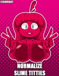 big_breasts breasts female gesture goo_hair hand_gesture hot_pink huge_breasts pseudo_hair slime solo text v_sign stillelk62 goo_creature humanoid english_text hi_res