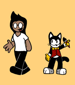 ambiguous_gender anthro belly black_body black_bottomwear black_buttons black_clothing black_footwear black_hair black_pants black_shoes bottomwear bow_tie brush clothing duo eyewear footwear glasses gloves grey_clothing grey_footwear hair hand_on_back handwear looking_at_another male mouthless multiple_poses no_pupils paintbrush pants pose red_clothing red_topwear red_vest shirt shoes size_difference smile standing tan_body topwear vest walking whiskers white_belly white_clothing white_ears white_eyes white_eyewear white_glasses white_paws white_shirt white_topwear white_wristband yellow_bow_tie yellow_clothing yellow_gloves yellow_handwear omni-vee ollie_mofflet rumage domestic_cat felid feline felis human inkblot mammal comic concept_art