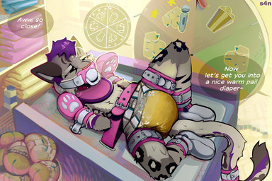 abdl ageplay anthro aroused aroused_face balled_up_diaper bdsm belt belt_bondage bib bodily_fluids bondage bondage_furniture bondage_gear bound changing_table cheek_bulge clean_diaper clothed clothing cuff_(restraint) diaper diaper_change diaper_fetish diaper_only diaper_pail discarded_diaper fur gag gambling genital_fluids hair half-closed_eyes handwear humiliation infantilism lying male mitten_hands mittens narrowed_eyes object_in_mouth oral pacifier pacifier_gag pacifier_in_mouth restrained restrained_arms restrained_legs restrained_tail restraining_table restraint_device restraints roleplay roulette roulette_wheel segufix solo submissive tail text topless unclean_diaper urine used_diaper wearing_diaper wet_diaper s4n fan_character bobcat felid feline lynx mammal 3:2 absurd_res digital_media_(artwork) english_text hi_res