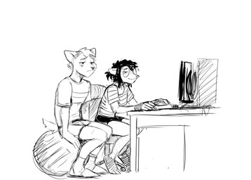 anthro ball bottomwear chair clothing computer desk duo electronics exercise_ball eye_bags eyewear female furniture glasses male on_chair shorts sitting sitting_on_ball sitting_on_chair table hladilnik daniel_(hladilnik) marylin_(hladilnik) american_opossum canid canine canis mammal marsupial virginia_opossum wolf 2026 black_and_white hi_res monochrome