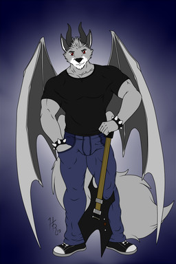 5_fingers anthro black_clothing blue_clothing clothing electric_guitar fingers fur grey_body grey_fur guitar holding_object horn male muscular muscular_anthro muscular_male musical_instrument plucked_string_instrument red_eyes shirt simple_background solo string_instrument studs t-shirt topwear white_body white_fur wings ghunter hunterramirez nick_(nick73188) canid canine canis demon mammal wolf 2019 2:3 hi_res
