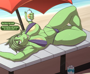 anthro beach big_breasts bikini breasts clothing female freckled_breasts freckled_face freckled_legs freckles green_body green_hair hair lying short_hair solo swimwear text two-piece_swimsuit white_eyes yellow_sclera kurtassclear cavemanon_studios i_wani_hug_that_gator olivia_halford baryonyx dinosaur prehistoric_species reptile saurischian scalie spinosaurid theropod english_text hi_res