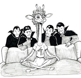 anthro bottomless bottomless_anthro bottomless_female breasts cape clothed clothed_humanoid clothed_male clothing fangs female female_anthro furniture group hands_on_knees hands_on_legs hands_on_own_knees hands_on_own_legs humanoid_pointy_ears humor interspecies long_neck looking_at_another lotus_pose male male_humanoid pointy_ears shirt shirt_only smile smiling_at_viewer sofa t-shirt t-shirt_only teeth topwear topwear_only pinderhooks piper_perri_surrounded giraffe giraffid humanoid mammal vampire hi_res meme