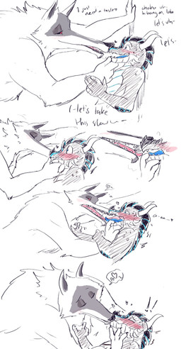 against_surface against_wall anthro blue_eyes blush caressing caressing_chin claws dialogue duo exclamation_point eye_contact eyes_closed fluffy flustered french_kissing heart_symbol horn kiss_on_lips kissing leaning leaning_forward leaning_on_wall looking_at_another looking_at_partner male male/male multiple_poses nervous nervous_smile nude open_mouth pose red_eyes side_view simple_background smile stuttering text tongue tongue_out wall_(structure) white_background wide_eyed ultimatellurker dreamworks mythology puss_in_boots_(franchise) death_(puss_in_boots) fan_character xero_(captainscales) canid canine canis dragon mammal mythological_creature mythological_scalie scalie wolf comic english_text hi_res multiple_images