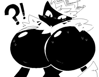 anthro big_breasts black_body blush bodily_fluids breast_expansion breasts cape clothing crown expansion female fluffy headgear huge_breasts inflation interrobang mouthless neck_tuft queen royalty skinny solo sweat tuft anonymous_artist domestic_cat felid feline felis mammal black_and_white digital_media_(artwork) hi_res microsoft_paint_(artwork) monochrome
