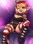 barbell_piercing breasts cleavage clothed clothing collar ear_piercing ear_ring female hair industrial_piercing legwear not_furry panties piercing red_hair ring_piercing solo spiked_collar spikes thigh_highs underwear guttybee humanoid hi_res