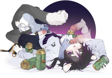 accessory alcohol anthro balls beer beverage black_hair bodily_fluids bottomwear claws clothed clothing collared_shirt cum cum_in_mouth cum_inside disembodied_foot disembodied_hand disembodied_penis drunk ejaculation erection feet finger_claws foot_fetish foot_on_penis foot_play foreskin fur genital_fluids genitals grey_body grey_fur hair humanoid_genitalia humanoid_penis kemono male male/male necktie open_bottomwear open_clothing open_mouth open_shorts pawpads paws penis pink_nose purple_eyes purple_hair shirt shorts solo_focus substance_intoxication toe_claws topwear white_body white_fur tonyu_y tsingtao domestic_cat felid feline felis mammal hi_res