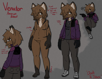anthro bottomwear brown_eyes chest_tuft clothing denim denim_bottomwear denim_clothing exhausted fangs footwear fur fur_markings gloves_(marking) hair hair_over_eye jeans leg_markings male markings null one_eye_obstructed orange_body orange_fur pants purple_clothing shoes slightly_chubby socks_(marking) solo striped_markings stripes teeth tuft bastardcat3 venator_(bastardcat3) bobcat felid feline lynx mammal hi_res model_sheet