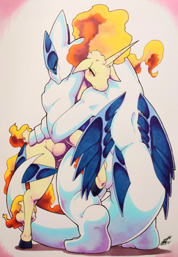 ambiguous_gender anthro blush blush_lines duo eyelashes feral grey_eyes hooves horn hug looking_at_viewer looking_back pink_eyes simple_background tail white_body yellow_body 025aki mythology nintendo pokemon equid equine generation_1_pokemon generation_2_pokemon legendary_pokemon lugia mammal mythological_creature mythological_equine pokemon_(species) rapidash unicorn 2025 absurd_res dated hi_res signature