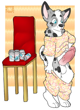 after_transformation anthro balls beverage big_penis blue_eyes can chair clothed clothing container crossdressing erection food ftm_transformation fur furniture gender_transformation genitals humanoid_genitalia humanoid_penis male markings oversized_clothing penis shrinking size_transformation small_but_hung solo spots spotted_body spotted_fur surprised text transformation undressing nut-case rismic riley_(rismic) canid canine canis domestic_dog herding_dog mammal pastoral_dog welsh_corgi english_text story story_in_description