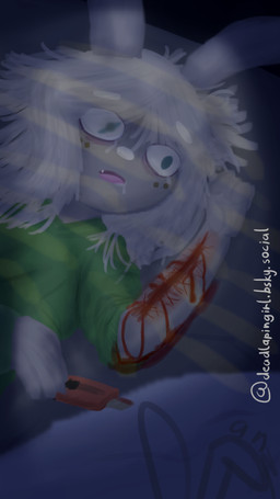 anthro bed blind_eye blood blood_on_arm blood_on_bed blood_on_clothing blue_eyes bodily_fluids box_cutter clothing corpse death drooling eye_injury female fur furniture gore hoodie knife saliva slit_wrist suicide tears topwear white_body white_fur wounded zero_pictured manyanz lagomorph leporid mammal rabbit 9:16 absurd_res hi_res