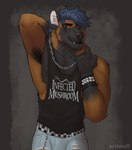 anthro armpit_hair black_clothing black_topwear blue_bottomwear blue_clothing blue_hair body_hair bottomwear clothed clothing fangs front_view fur grey_body grey_fur hair male mouth_closed orange_body orange_fur shirt short_hair solo standing tank_top teeth topwear acidwuff infected_mushroom hyena mammal 2022 hi_res