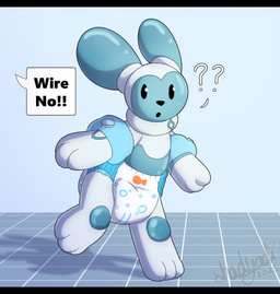 3_fingers 3_toes ambiguous_gender arm_floatie arms_out blue_body blue_ears clean_diaper clothed clothing confusion dialogue diaper diaper_only feet fingers multicolored_body offscreen_character on_one_leg open_mouth pattern_diaper question_mark screen screen_face solo speech_bubble standing swimwear text toes topless two_tone_body walking wearing_diaper wetness_indicator white_body shadyadi wire_(rockington) lagomorph leporid mammal rabbit robot_anthro artist_name hi_res letterbox signature