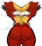 anthro back_boob big_butt breasts butt female fluffy fur overweight raised_arms red_body red_fur simple_background slightly_chubby solo white_background yellow_body yellow_fur cyantmov nintendo pokemon canid delphox generation_6_pokemon mammal pokemon_(species)