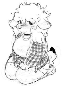 anthro big_breasts black_eyes black_tail_tip blush bottomwear breasts clothing coat collared_shirt dipstick_tail female floppy_ears fluffy hair kneeling looking_at_viewer markings messy_hair on_lap pawpads plaid pockets shirt short_tail shorts sitting smile solo tail tail_markings thick_thighs topwear nessiemooo nessie_(nessiemooo) mammal mustelid musteline stoat true_musteline weasel full-length_portrait hi_res monochrome portrait sketch