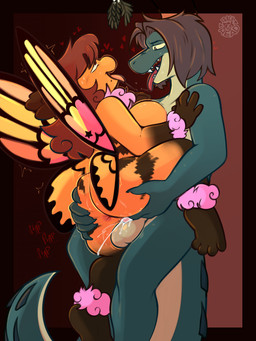 after_kiss against_surface ankle_fluff ankle_tuft antennae_(anatomy) anthro anthro_on_anthro anthro_penetrated anthro_penetrating anthro_penetrating_anthro anus arm_tuft balls black_hair bodily_fluids breasts brown_eyes brown_hair claws cum cum_in_vagina cum_inside cumshot duo ejaculation fangs female genital_fluids genitals green_body hair half-closed_eyes happy happy_sex heart_symbol holding_butt insect_wings interspecies leg_tuft lepidopteran_wings looking_pleasured male male/female markings mistletoe mole_(marking) narrowed_eyes neck_tuft nude orange_body orgasm orgasm_face penetration penile penile_penetration penis penis_in_vagina plant saliva saliva_string sex simple_background slightly_chubby smile stand_and_carry_position standing standing_sex stripes tail teeth tuft vaginal vaginal_penetration vulva wings wrist_fluff wrist_tuft frackhead nero_(nerointruder) sunset_(mothpoff) alligator alligatorid arthropod crocodilian insect lepidopteran moth reptile scalie 3:4 absurd_res hi_res