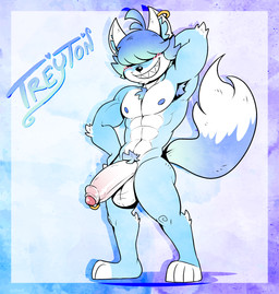 anthro armpit_hair balls bangs big_penis blue_body blue_fur blush body_hair chest_tuft ear_piercing ear_ring ear_tuft fur genital_piercing genitals hair hair_over_eye hair_over_eyes hand_behind_head hidden_eyes inner_ear_fluff male muscular nude one_eye_obstructed penis penis_piercing piercing prince_albert_piercing pubes raised_arm ring_piercing smile solo toothy_grin tuft hexdisciple treyton_(hexdisciple) canid canine fox mammal hi_res