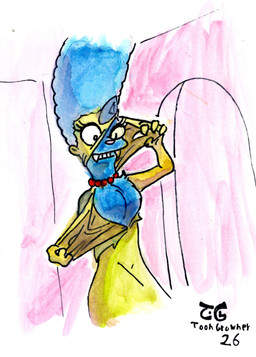 anthro blue_body blue_fur blue_hair clothing creepy fangs female fur hair human_to_anthro jewelry looking_at_viewer skin_ripping solo species_transformation teeth torn_clothing transformation toongrowner the_simpsons treehouse_of_horror cat_marge marge_simpson canid canine felid human mammal pantherine absurd_res hi_res painting_(artwork) watercolor_(artwork)