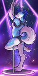 anthro blue_body blue_fur blue_hair briefs butt clothing curled_tail fur hair male paws pole smile solo stripper stripper_pole tail underwear yellow_eyes dasoka tokuya fluke_the_husky canid canine canis domestic_dog husky mammal nordic_sled_dog spitz hi_res