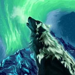 ambiguous_gender aurora_(phenomenon) black_body black_fur cheek_tuft ears_back facial_tuft fangs feral fur glistening glistening_eyes green_body green_fur howl mountain neck_tuft night open_mouth outside pivoted_ears purple_eyes side_view sky solo star teeth text tuft msdeadsoul canid canine mammal 1:1 english_text hi_res