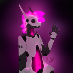 abstract_background ambiguous_gender antenna_ears antennae_(anatomy) anthro biped black_body_markings colored_nails dark_eyelids digital_eyes glowing glowing_belly glowing_eyes glowing_nails gradient_background hair highlights_(coloring) hologram_hair logo looking_away machine monotone_body nails pink_background pink_highlights pink_nails raised_hand robotic robotic_arm robotic_arms robotic_body robotic_leg robotic_legs robotic_limb robotic_limbs screen_eyes simple_background sitting solo spikes spikes_(anatomy) text text_on_body text_on_chest translucent translucent_body translucent_hair transparent_belly white_body randomaccessmech android robot robot_anthro 1:1 absurd_res hi_res