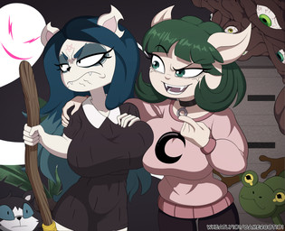 angry anthro arm_around_shoulders big_breasts black_clothing black_dress blue_hair breasts broom cleaning_tool clothing crescent_moon dress duo_focus eyeshadow fangs female frown green_eyes green_hair group hair makeup male moon notched_ear occult_symbol open_mouth open_smile pentagram pink_clothing pink_sweatshirt pink_topwear smile sweatshirt symbol teeth topwear trio barryfactory cartoon_hangover the_summoning claire_(the_summoning) edgar_(the_summoning) swan_(the_summoning) amphibian domestic_cat felid feline felis frog ghost mammal spirit 2022 absurd_res hi_res