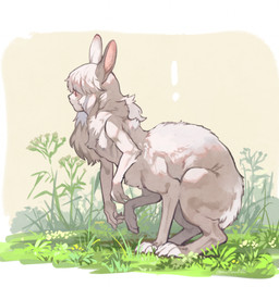 digitigrade female fur grass on_grass on_ground paws plant quadruped side_view solo white_body white_fur mullmull lagomorph lagomorph_taur leporid leporid_taur mammal mammal_taur rabbit rabbit_taur taur full-length_portrait portrait