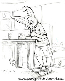 airport anthro bottomwear bowl clothed clothing container eating floppy_ears footwear inside logo male male_anthro mouth_closed plant shirt shoes shorts solo standing t-shirt text topwear tree young young_anthro young_male pandapaco lagomorph leporid mammal rabbit 2015 artist_logo dated monochrome signature sketch url