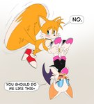 2_tails anthro big_breasts black_clothing black_leotard blue_eyes breasts carrying_another carrying_partner chest_tuft cleavage clothed clothing dialogue duo eyelashes female flying footwear fur leotard light male male/female membrane_(anatomy) membranous_wings multi_tail orange_body orange_fur orange_tail propositioning purple_wings red_clothing red_footwear red_shoes shoes shy socks speech_bubble tail text tuft upside_down white_clothing white_footwear white_high_heeled_boots white_socks wings 4chan_anon unknown_artist sega sonic_the_hedgehog_(series) miles_prower rouge_the_bat bat canid canine fox mammal english_text hi_res lighting