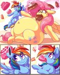 cake confectionery dessert donation_drive duo exclamation_point female feral flying food force_feeding forced levitation magic obese obese_female obese_feral overweight overweight_female overweight_feral sitting weight_gain wings graphene friendship_is_magic hasbro my_little_pony mythology fluttershy_(mlp) rainbow_dash_(mlp) equid equine horse mammal mythological_creature mythological_equine pegasus pony 2018 4:5 absurd_res comic hi_res