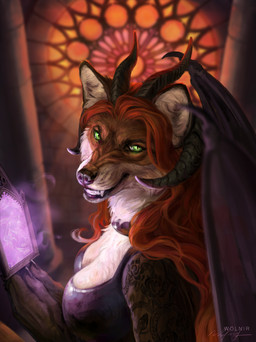 anthro black_lips black_nose breasts clothed clothed_female clothing female female_anthro fur green_eyes hair horn lips medium_breasts membrane_(anatomy) membranous_wings orange_body orange_fur red_hair solo wings wolnir canid canine fox mammal hi_res