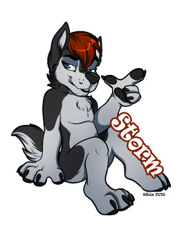 4_fingers anthro biped black_body black_claws black_fur black_tail blue_eyes chibi claws feet fingers front_view fur hair looking_at_viewer male multicolored_body multicolored_fur multicolored_tail nude red_hair short_hair simple_background sitting smile smirk solo tail text toe_claws toes two_tone_body two_tone_fur two_tone_tail white_background white_body white_fur white_tail rhia storm_(stormwx_wolf) canid canine canis mammal wolf 2015 character_name digital_media_(artwork)