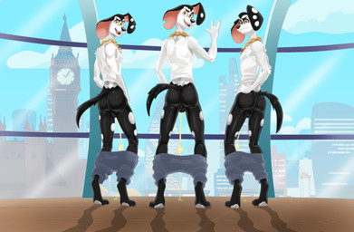 aged_up anthro anthrofied backsack balls big_ben bodily_fluids bottomwear bottomwear_down butt chain chain_necklace clothed clothing exhibitionism feet fingers fur genital_fluids genitals gesture gold_(metal) gold_chain graffiti graffiti_on_wall group hand_gesture jewelry london london_eye looking_back male male_peeing markings necklace open_mouth pants pants_down partially_clothed peeing peeing_on_ground public public_exposure rear_view shirt smile spots spotted_body standing tail tank_top teeth toes topwear trio urine urine_on_ground urine_stream watersports dal101strefan 101_dalmatian_street 101_dalmatians disney dimitri_1_(101_dalmatians) dimitri_2_(101_dalmatians) dimitri_3_(101_dalmatians) dimitri_trio_(101_dalmatians) canid canine canis dalmatian domestic_dog mammal digital_media_(artwork) hi_res brother_(lore) brothers_(lore) sibling_(lore) triplets_(lore)
