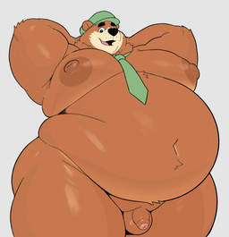 accessory anthro balls belly big_belly big_moobs big_nipples butt clothing flaccid foreskin front_view genitals hands_behind_head hat headgear headwear larger_but_small looking_at_viewer looking_down looking_down_at_viewer love_handles low-angle_view male moobs mostly mostly_nude navel necktie necktie_only nipples nude overweight overweight_male penis small_penis smile solo standing thick_thighs milkblend hanna-barbera yogi_bear yogi_bear_(character) bear mammal hi_res