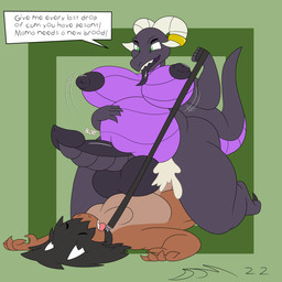 balls big_breasts black_hair bodily_fluids breasts cum cum_in_vagina cum_inside duo genital_fluids genitals green_eyes hair herm horn horn_jewelry horn_ring huge_breasts impregnation intersex intersex/male jewelry leash leash_pull male motion_lines nipples non-mammal_balls non-mammal_nipples open_mouth ring_(jewelry) tail text tongue tongue_out dirtymac mythology desidia_esuries dragon kobold mythological_creature mythological_scalie scalie 1:1 absurd_res english_text hi_res