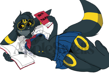 anthro book bottomwear clothing eyewear female glasses lying on_back reading school_uniform skirt solo uniform appleswells nintendo pokemon eeveelution generation_2_pokemon pokemon_(species) umbreon