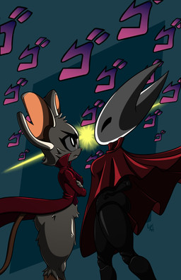 big_breasts big_butt bottomless breasts butt clothed clothing dark_body duo female high_collar jojo_pose long_coat longcoat mouse_tail notched_ear red_clothing robe robe_lift staredown topwear topwear_only white_body fuzzycogs hollow_knight_(franchise) menacing_(meme) mina_the_hollower team_cherry yacht_club_games hornet_(hollow_knight) mina_(mina_the_hollower) absurd_res hi_res meme