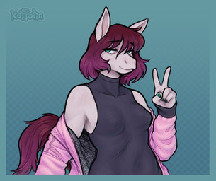 5_fingers anthro breasts clothing female fingers gesture green_body green_hair hair hand_gesture looking_aside nipple_outline pink_clothing shirt simple_background smile solo tail topwear v_sign keffotin equid equine horse mammal 2025 digital_media_(artwork)