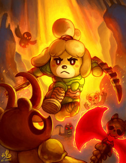anthro axe blade female group gun handgun male melee_weapon pickaxe ranged_weapon weapon ry-spirit animal_crossing doom_(series) id_software microsoft nintendo blathers_(animal_crossing) isabelle_(animal_crossing) k.k._slider tom_nook_(animal_crossing) avian bird canid canine canis domestic_dog eulipotyphlan mammal mole_(animal) owl raccoon_dog tanuki toy_dog