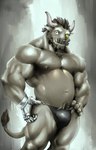 1_eye anthro beard bikini_thong chest_tuft clothing facial_hair gloves handwear horn male muscular muscular_male scar smile solo swimwear tuft dagantfus_(artist) anothereidos_of_dragon_vein_r domay bovid bovine cattle mammal hi_res