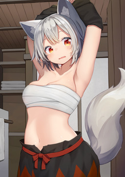 bandeau black_bottomwear black_clothing black_skirt blush bottomwear breasts chest_wraps clothing female hair looking_at_viewer multicolored_bottomwear multicolored_clothing multicolored_skirt navel orange_eyes raised_arms red_bottomwear red_clothing red_skirt short_hair skirt solo standing surprised tail topwear two_tone_bottomwear two_tone_clothing two_tone_skirt undressing white_hair white_tail wraps mamemochi touhou momiji_inubashiri animal_humanoid canid canid_humanoid canine canine_humanoid humanoid mammal mammal_humanoid wolf_humanoid absurd_res hi_res