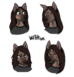 angry anthro blush brown_body brown_eyes brown_hair brown_nose clothing eyes_closed female grey_clothing grey_topwear hair happy narrowed_eyes sharp_teeth simple_background solo teeth tired topwear white_background unknowhiter canid mammal 2015 bust_portrait expression_sheet multiple_images portrait