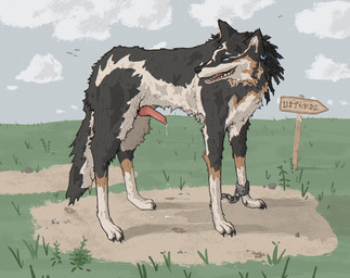 anatomically_correct anatomically_correct_genitalia animal_genitalia animal_penis blue_eyes bodily_fluids canine_genitalia canine_penis chain cloud cuff_(restraint) detailed_background digitigrade dripping ear_piercing ear_ring erection fangs feral footprint fur fur_markings genital_fluids genitals grass grey_body grey_fur knot knotted_penis leaking_precum looking_aside male male_feral markings metal_cuffs multicolored_body multicolored_fur open_mouth outside path pawprint penis piercing plant precum precum_drip quadruped restraints ring_piercing side_view signpost smile solo standing tan_body tan_fur teeth text hotdogmeat nintendo the_legend_of_zelda twilight_princess link_(wolf_form) canid canine canis mammal wolf 2025 digital_media_(artwork) english_text hi_res