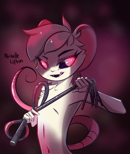 abstract_background anthro bdsm blush blush_lines cat_o'_nine_tails clothed clothing femboy forked_tongue hair heart_catchlight heart_symbol holding_object holding_whip licking licking_lips licking_own_lips simple_background solo sparkles sparkling_hair tail tongue tongue_out topless topless_anthro whip michelle_lipton reggie_(whygena) mammal mouse murid murine rodent hi_res