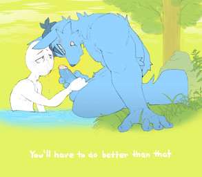 after_fellatio after_oral after_sex annoyed anthro blue_body blue_fur blush bodily_fluids cum cum_drip cum_in_mouth cum_inside cum_on_face cum_string dripping duo erection exhausted eye_contact fur genital_fluids genitals grass holding_penis humanoid_genitalia humanoid_penis hunched_over kerchief looking_at_another male male/male muscular nature nature_background nude penis plant rock text tree water noico canid canine canis human humanoid mammal wolf english_text