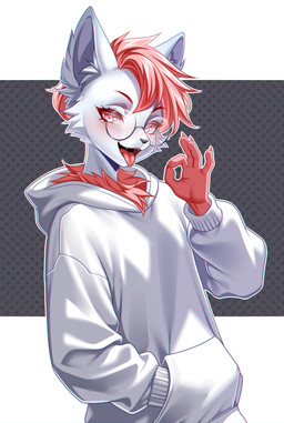 5_fingers ambiguous_anthro ambiguous_gender anthro biped black_nose blush blush_lines blushing_at_viewer cheek_tuft claws clothed clothed_ambiguous clothed_anthro clothing cute_fangs dotted_background eyebrow_through_hair eyebrows eyelashes eyewear facial_tuft fangs fellatio_gesture finger_claws fingers fur gesture gesturing_at_viewer glasses grey_background hair hand_gesture hand_in_pocket hood hood_down hoodie humanoid_hands inner_ear_fluff looking_at_viewer monotone_clothing monotone_hair monotone_hoodie monotone_topwear multicolored_body multicolored_fur neck_tuft open_mouth open_smile outline oversized_clothing pattern_background piercing pince-nez pink_sclera pockets pose pupils purple_inner_ear red_claws red_eyebrows red_eyes red_hair red_hands red_tongue red_tuft round_glasses short_hair simple_background skinny skinny_ambiguous skinny_anthro slim slim_ambiguous slim_anthro smile smiling_at_viewer solo suggestive suggestive_gesture teeth tongue tongue_out topwear translucent translucent_hair tuft two_tone_body two_tone_fur wearing_glasses white_background white_body white_clothing white_fur white_hoodie white_inner_ear_fluff white_outline white_topwear white_tuft agrixxx felid feline mammal absurd_res half-length_portrait hi_res pinup portrait