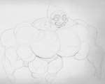 abs anthro big_muscles eyebrows eyelashes female fist genitals grin hair half-closed_eyes huge_muscles hyper hyper_muscles looking_down muscular muscular_anthro muscular_female narrowed_eyes nipples nude pussy sharp_teeth smile teeth sbshouseofpancakes amphibia_(series) disney general_yunan amphibian newt salamander monochrome sketch traditional_media_(artwork)